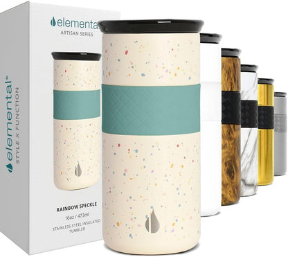 Artisan Insulated Tumbler, Triple Wall Coffee Travel Mug, Reusable Stainless Steel Coffee Tumbler with Ceramic Lid, Thermal Coffee Cups for Hot (6 Hrs) & Cold (18 Hrs), 12oz - Teak Wood