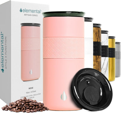 Artisan Insulated Tumbler, Triple Wall Coffee Travel Mug, Reusable Stainless Steel Coffee Tumbler with Ceramic Lid, Thermal Coffee Cups for Hot (6 Hrs) & Cold (18 Hrs), 12oz - Teak Wood