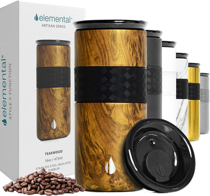 Artisan Insulated Tumbler, Triple Wall Coffee Travel Mug, Reusable Stainless Steel Coffee Tumbler with Ceramic Lid, Thermal Coffee Cups for Hot (6 Hrs) & Cold (18 Hrs), 12oz - Teak Wood