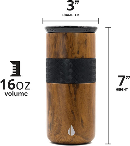 Artisan Insulated Tumbler, Triple Wall Coffee Travel Mug, Reusable Stainless Steel Coffee Tumbler with Ceramic Lid, Thermal Coffee Cups for Hot (6 Hrs) & Cold (18 Hrs), 12oz - Teak Wood