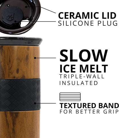 Artisan Insulated Tumbler, Triple Wall Coffee Travel Mug, Reusable Stainless Steel Coffee Tumbler with Ceramic Lid, Thermal Coffee Cups for Hot (6 Hrs) & Cold (18 Hrs), 12oz - Teak Wood