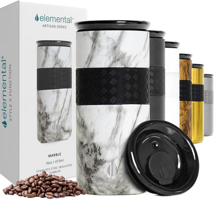 Artisan Insulated Tumbler, Triple Wall Coffee Travel Mug, Reusable Stainless Steel Coffee Tumbler with Ceramic Lid, Thermal Coffee Cups for Hot (6 Hrs) & Cold (18 Hrs), 12oz - Teak Wood