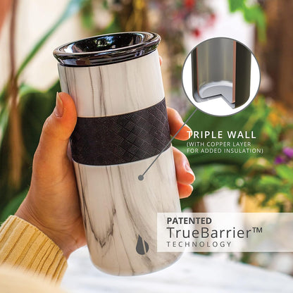 Artisan Insulated Tumbler, Triple Wall Coffee Travel Mug, Reusable Stainless Steel Coffee Tumbler with Ceramic Lid, Thermal Coffee Cups for Hot (6 Hrs) & Cold (18 Hrs), 12oz - Teak Wood