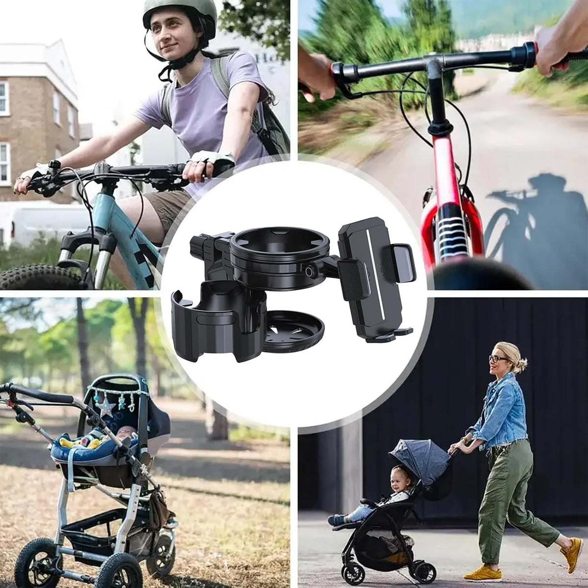 Stroller Cup Holder with Phone Holder, 3-in-1 Strollers Storage Rack & 360 Degrees Rotation Drink Holder Travel Friendly for Wheelchair Stroller Bike Walker Scooter