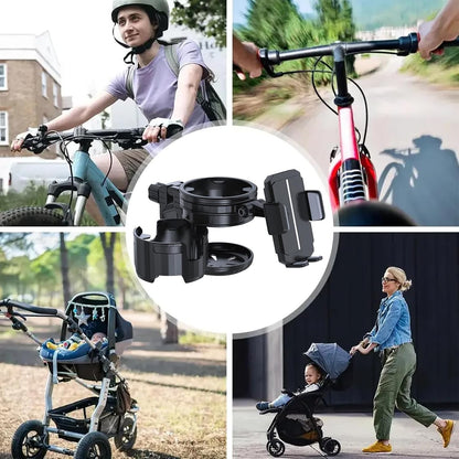 Stroller Cup Holder with Phone Holder, 3-in-1 Strollers Storage Rack & 360 Degrees Rotation Drink Holder Travel Friendly for Wheelchair Stroller Bike Walker Scooter
