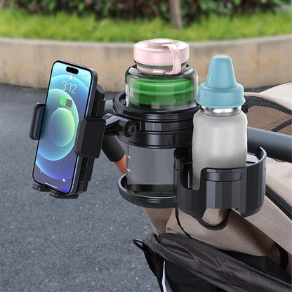 Stroller Cup Holder with Phone Holder, 3-in-1 Strollers Storage Rack & 360 Degrees Rotation Drink Holder Travel Friendly for Wheelchair Stroller Bike Walker Scooter