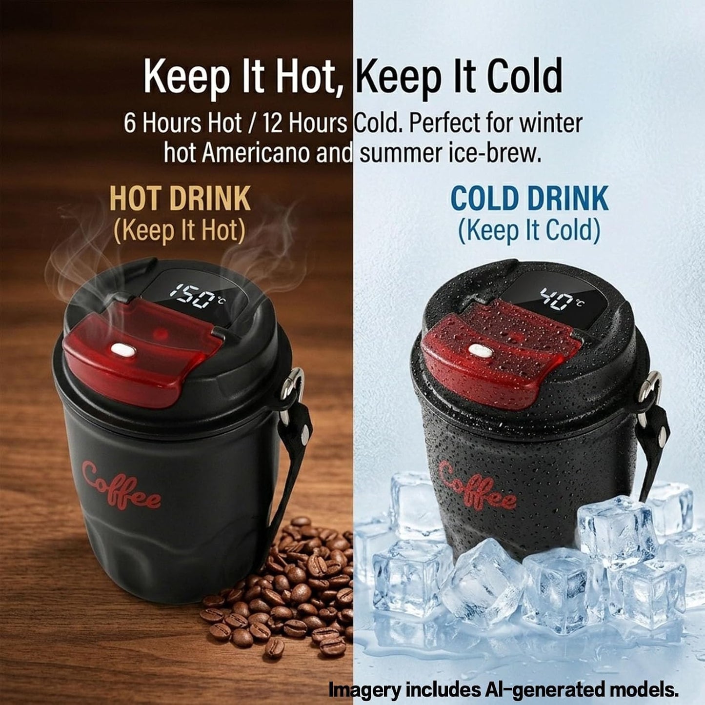 Coffee Vacuum Flask, Portable Coffee Cup with Lid & Handle, Insulated Travel Coffee Mug, Flip Cap Sip Spout and Ribbed Grip Details, Insulated Travel Drinkware, Travel Outdoor Mugs (green)