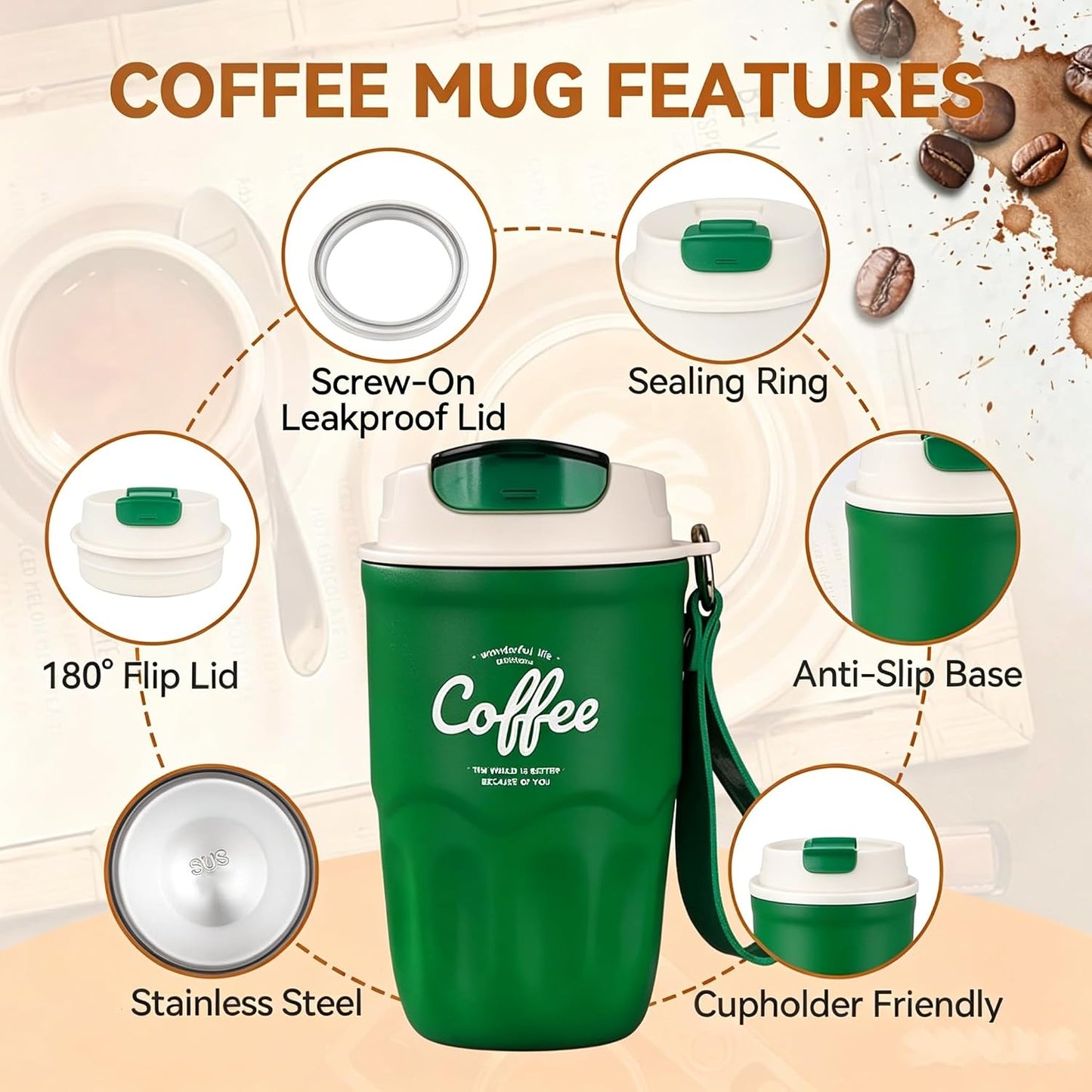 Coffee Vacuum Flask, Portable Coffee Cup with Lid & Handle, Insulated Travel Coffee Mug, Flip Cap Sip Spout and Ribbed Grip Details, Insulated Travel Drinkware, Travel Outdoor Mugs (green)
