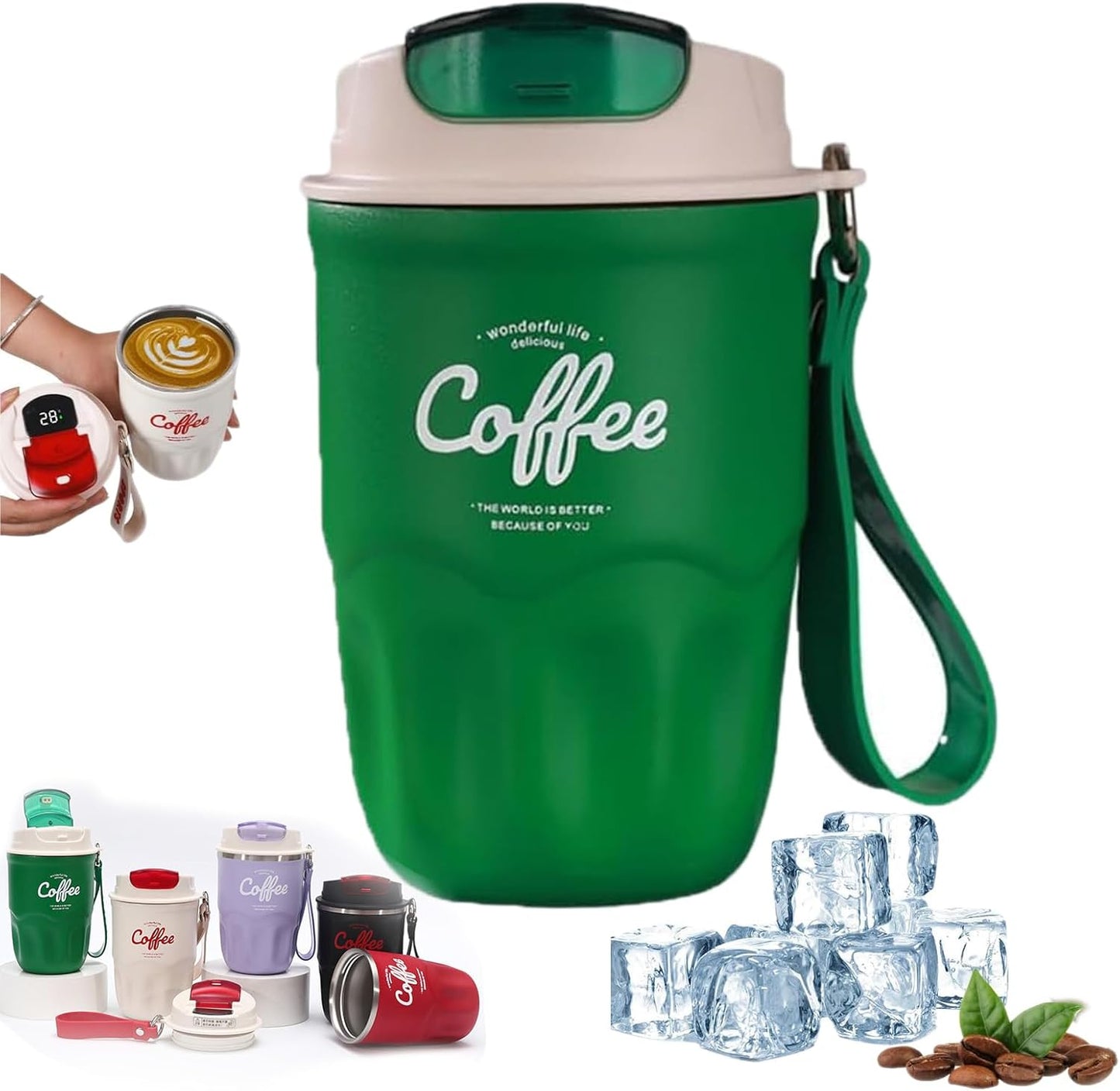 Coffee Vacuum Flask, Portable Coffee Cup with Lid & Handle, Insulated Travel Coffee Mug, Flip Cap Sip Spout and Ribbed Grip Details, Insulated Travel Drinkware, Travel Outdoor Mugs (green)