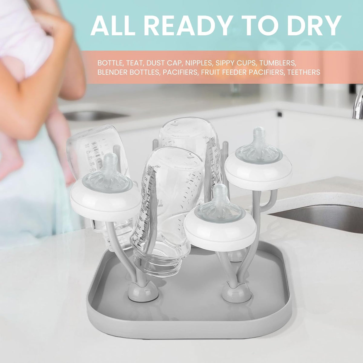 Baby Bottle Drying Rack, Countertop Drying Rack Holds 16 Baby Bottles & Accessories, Efficient Water Drainage with Space-Saving & Compact Removable Tray.