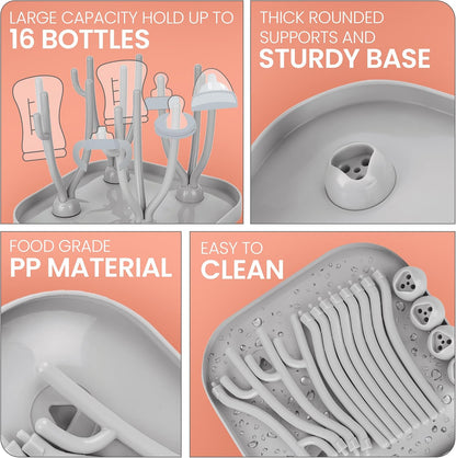 Baby Bottle Drying Rack, Countertop Drying Rack Holds 16 Baby Bottles & Accessories, Efficient Water Drainage with Space-Saving & Compact Removable Tray.