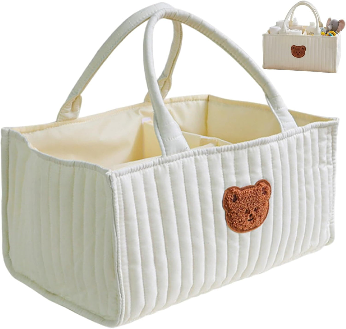 Portable Quilted Diaper Caddy Basket with Removable Dividers & Handles Nursery Storage for Diapers Wipes Toys Baby Essentials White