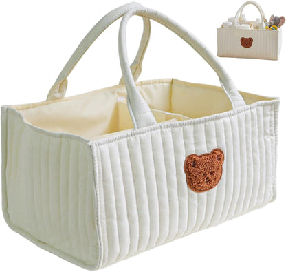 Portable Quilted Diaper Caddy Basket with Removable Dividers & Handles Nursery Storage for Diapers Wipes Toys Baby Essentials White