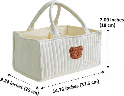 Portable Quilted Diaper Caddy Basket with Removable Dividers & Handles Nursery Storage for Diapers Wipes Toys Baby Essentials White