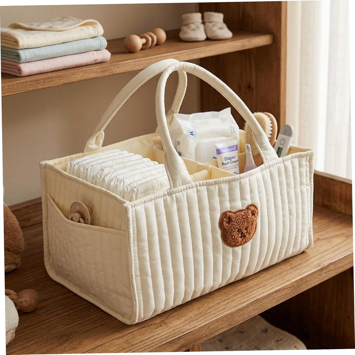 Portable Quilted Diaper Caddy Basket with Removable Dividers & Handles Nursery Storage for Diapers Wipes Toys Baby Essentials White