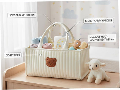 Portable Quilted Diaper Caddy Basket with Removable Dividers & Handles Nursery Storage for Diapers Wipes Toys Baby Essentials White