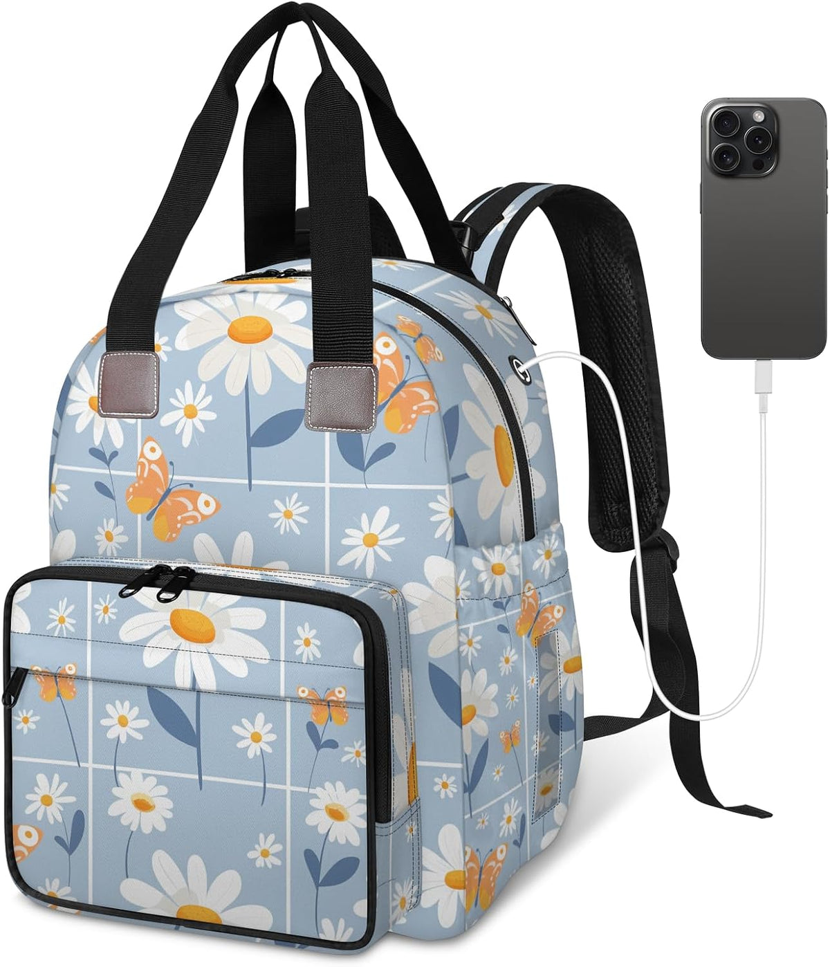 Butterfly Daisy Diaper Bag Backpack for Travel, Waterproof Diaper Bag with Insulated Bottle Pockets & USB Port, Large Capacity Baby Bag for Moms & Dads