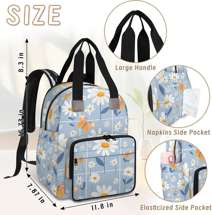 Butterfly Daisy Diaper Bag Backpack for Travel, Waterproof Diaper Bag with Insulated Bottle Pockets & USB Port, Large Capacity Baby Bag for Moms & Dads
