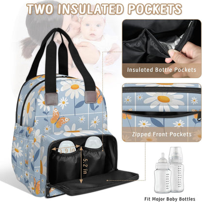 Butterfly Daisy Diaper Bag Backpack for Travel, Waterproof Diaper Bag with Insulated Bottle Pockets & USB Port, Large Capacity Baby Bag for Moms & Dads