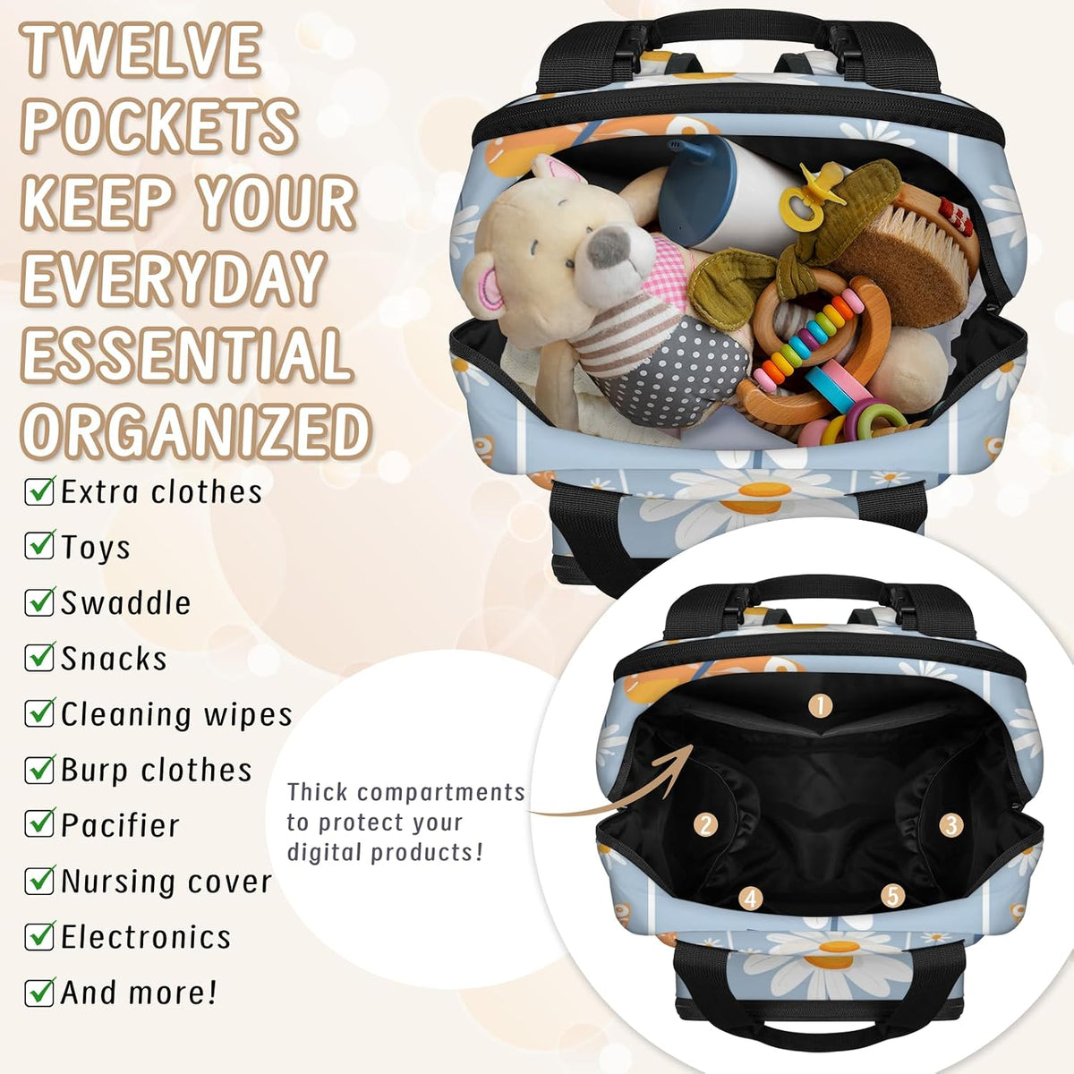 Butterfly Daisy Diaper Bag Backpack for Travel, Waterproof Diaper Bag with Insulated Bottle Pockets & USB Port, Large Capacity Baby Bag for Moms & Dads