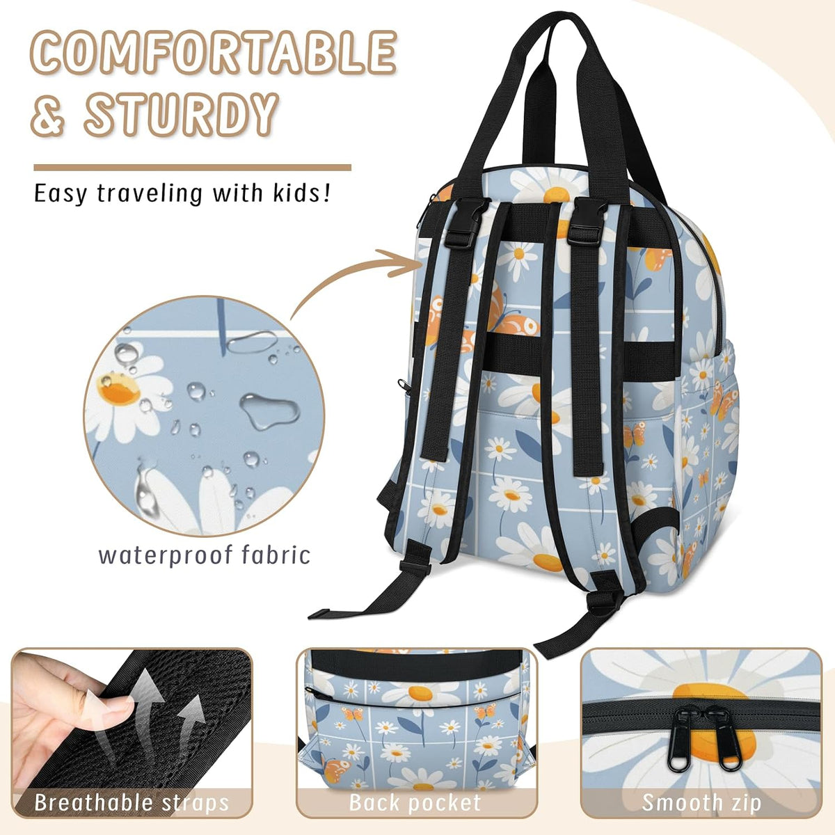 Butterfly Daisy Diaper Bag Backpack for Travel, Waterproof Diaper Bag with Insulated Bottle Pockets & USB Port, Large Capacity Baby Bag for Moms & Dads