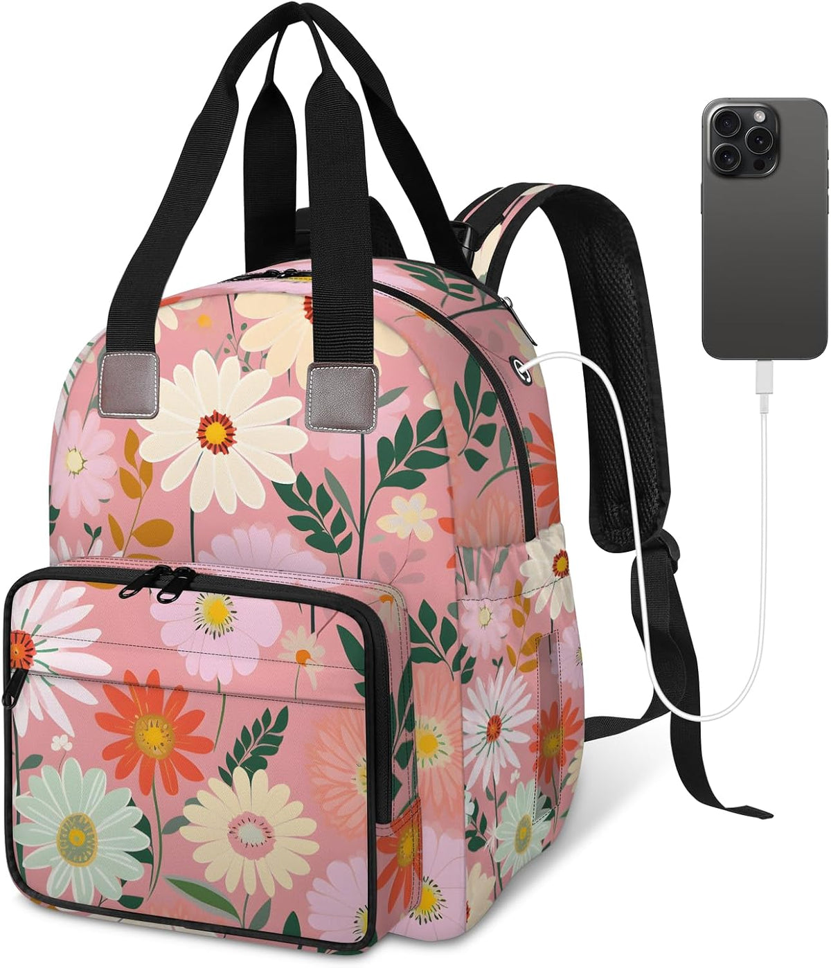 Butterfly Daisy Diaper Bag Backpack for Travel, Waterproof Diaper Bag with Insulated Bottle Pockets & USB Port, Large Capacity Baby Bag for Moms & Dads