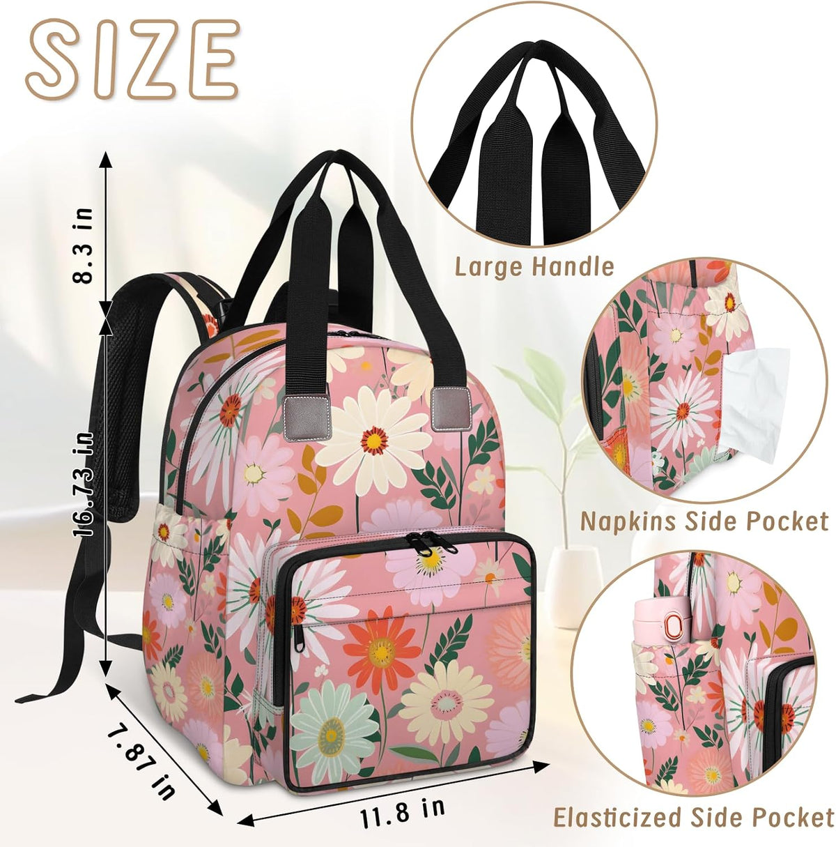 Butterfly Daisy Diaper Bag Backpack for Travel, Waterproof Diaper Bag with Insulated Bottle Pockets & USB Port, Large Capacity Baby Bag for Moms & Dads