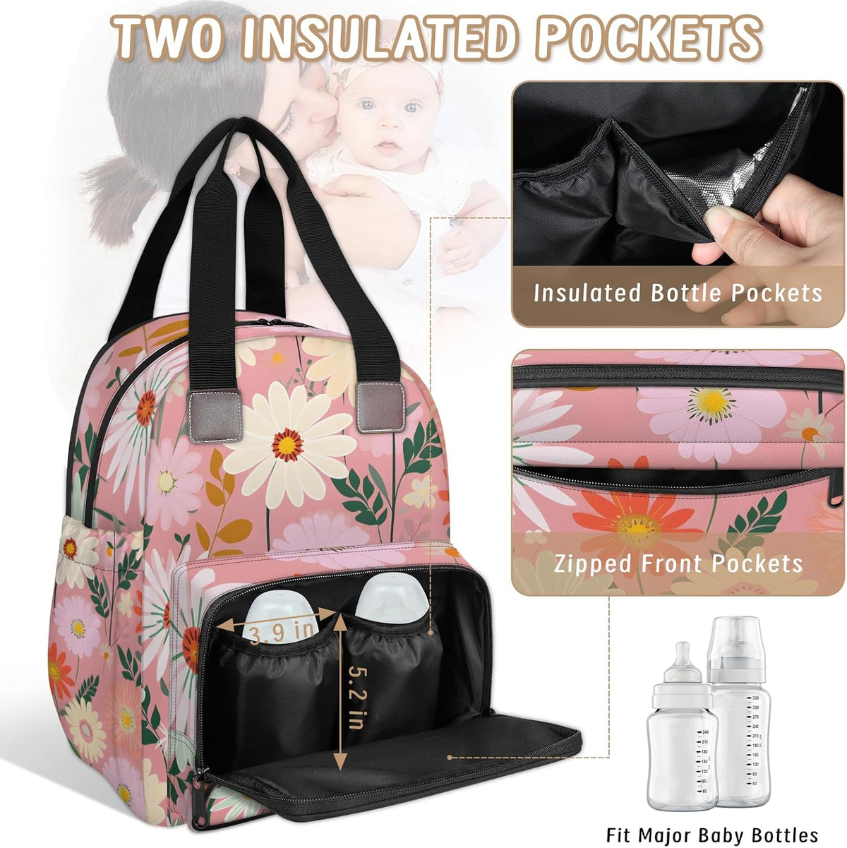 Butterfly Daisy Diaper Bag Backpack for Travel, Waterproof Diaper Bag with Insulated Bottle Pockets & USB Port, Large Capacity Baby Bag for Moms & Dads