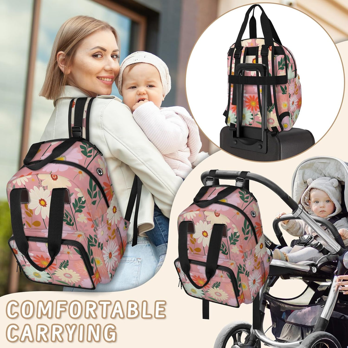 Butterfly Daisy Diaper Bag Backpack for Travel, Waterproof Diaper Bag with Insulated Bottle Pockets & USB Port, Large Capacity Baby Bag for Moms & Dads