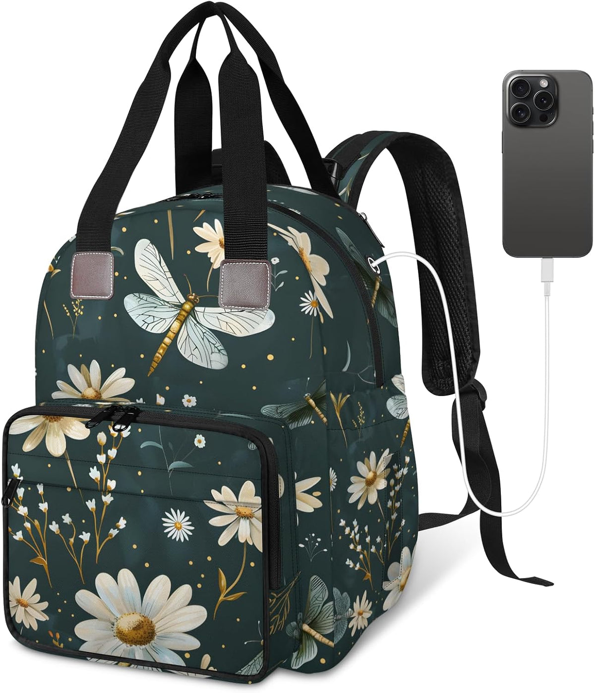 Butterfly Daisy Diaper Bag Backpack for Travel, Waterproof Diaper Bag with Insulated Bottle Pockets & USB Port, Large Capacity Baby Bag for Moms & Dads