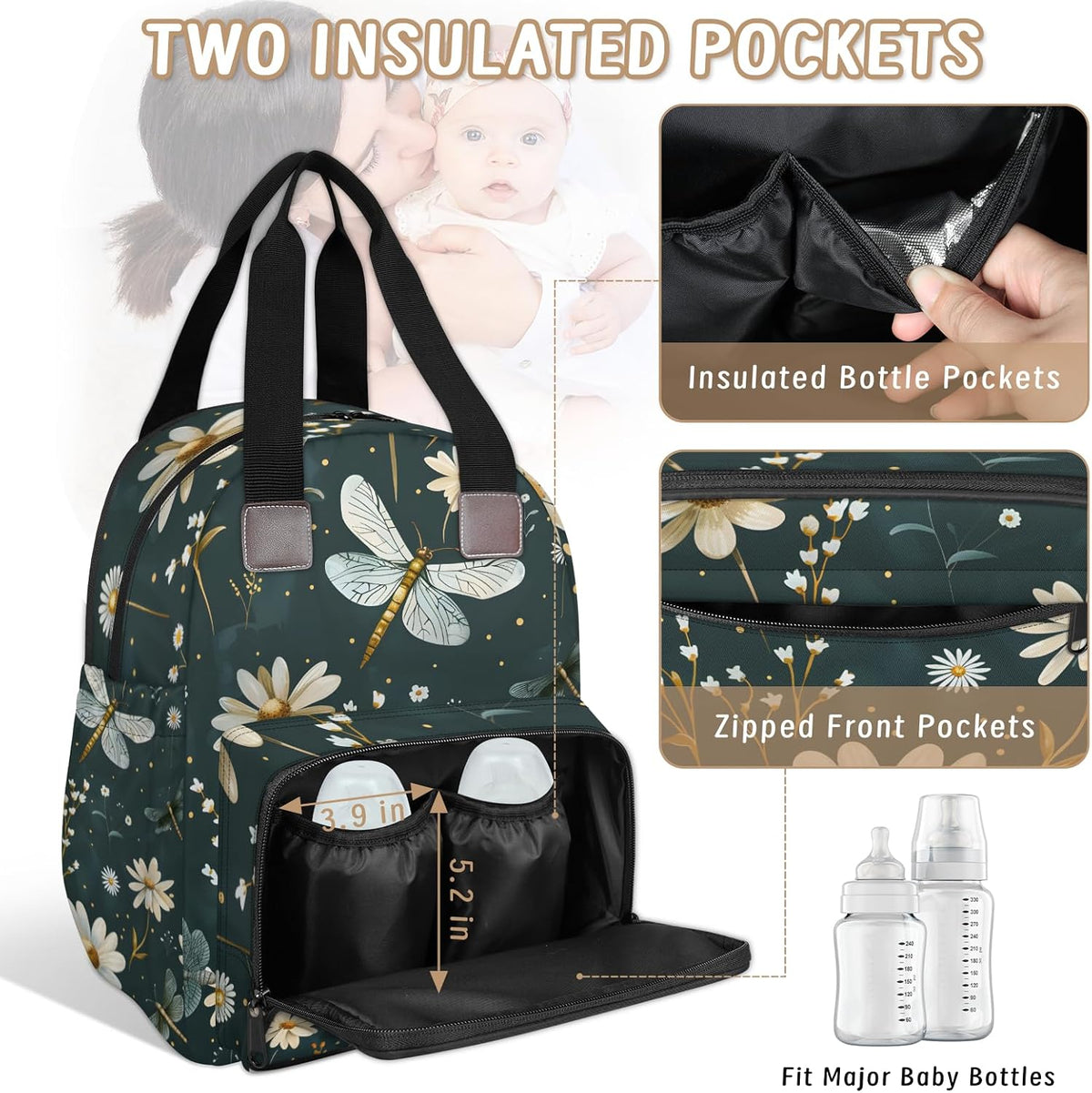 Butterfly Daisy Diaper Bag Backpack for Travel, Waterproof Diaper Bag with Insulated Bottle Pockets & USB Port, Large Capacity Baby Bag for Moms & Dads