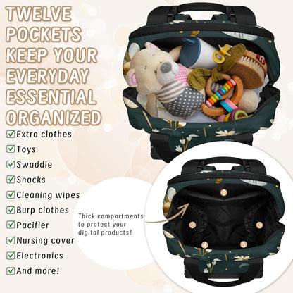 Butterfly Daisy Diaper Bag Backpack for Travel, Waterproof Diaper Bag with Insulated Bottle Pockets & USB Port, Large Capacity Baby Bag for Moms & Dads