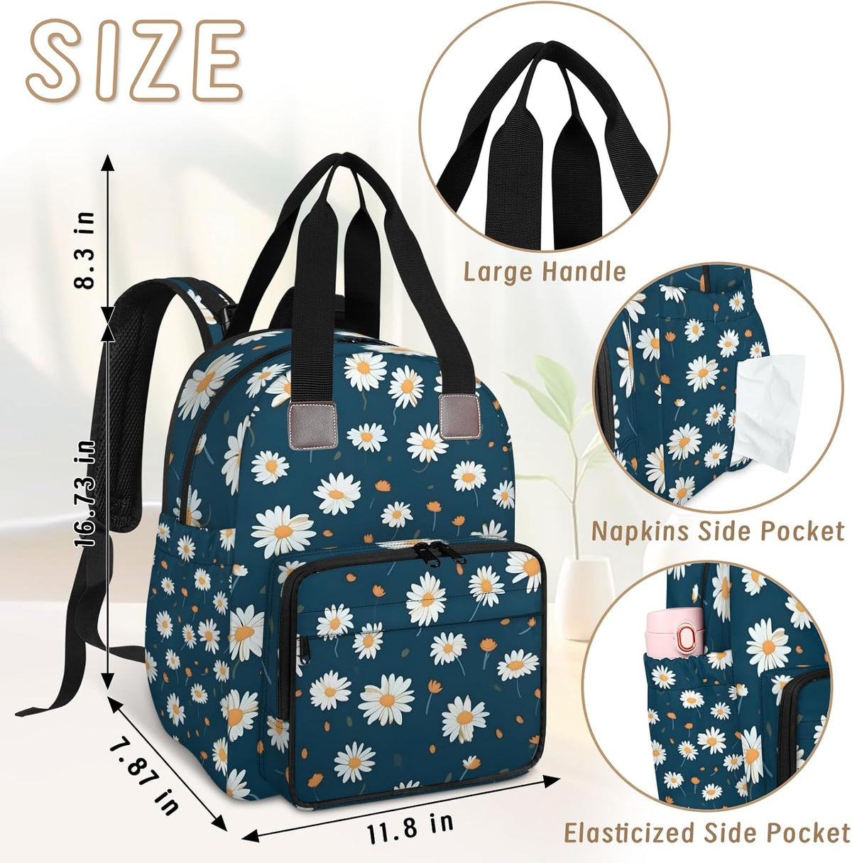 Butterfly Daisy Diaper Bag Backpack for Travel, Waterproof Diaper Bag with Insulated Bottle Pockets & USB Port, Large Capacity Baby Bag for Moms & Dads
