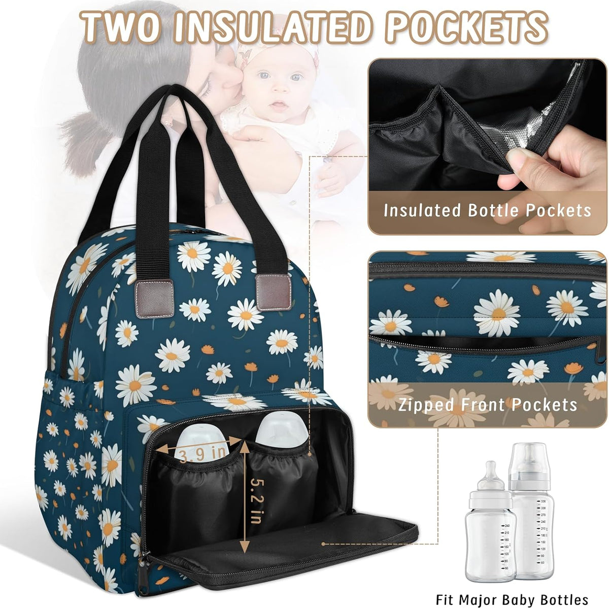 Butterfly Daisy Diaper Bag Backpack for Travel, Waterproof Diaper Bag with Insulated Bottle Pockets & USB Port, Large Capacity Baby Bag for Moms & Dads