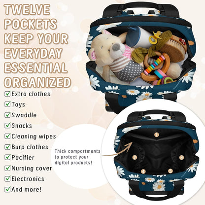 Butterfly Daisy Diaper Bag Backpack for Travel, Waterproof Diaper Bag with Insulated Bottle Pockets & USB Port, Large Capacity Baby Bag for Moms & Dads