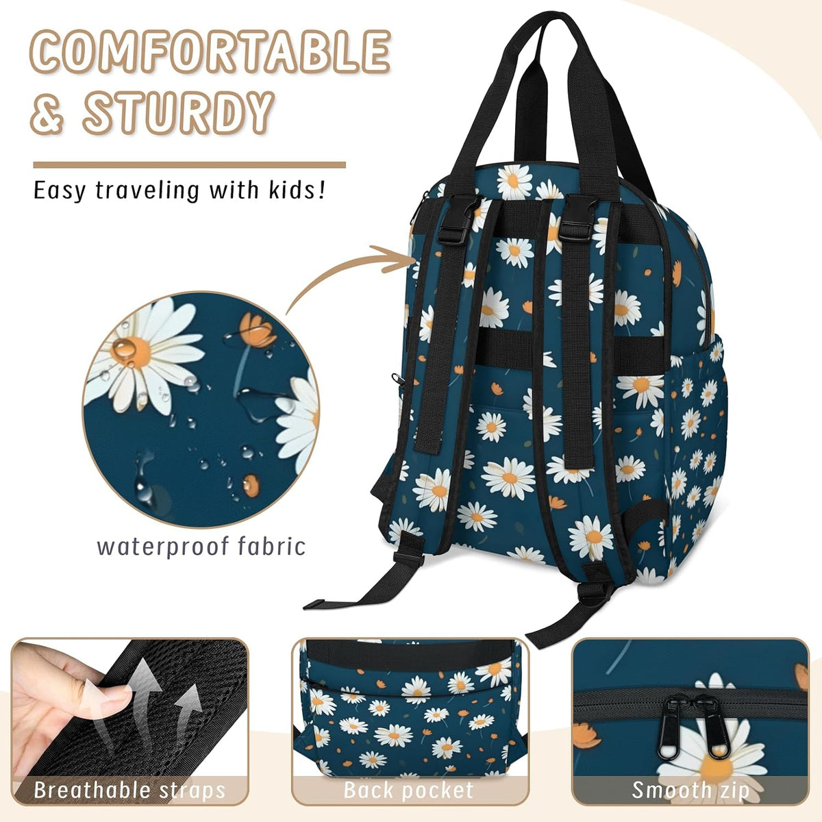 Butterfly Daisy Diaper Bag Backpack for Travel, Waterproof Diaper Bag with Insulated Bottle Pockets & USB Port, Large Capacity Baby Bag for Moms & Dads
