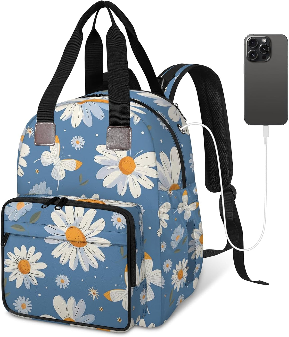 Butterfly Daisy Diaper Bag Backpack for Travel, Waterproof Diaper Bag with Insulated Bottle Pockets & USB Port, Large Capacity Baby Bag for Moms & Dads