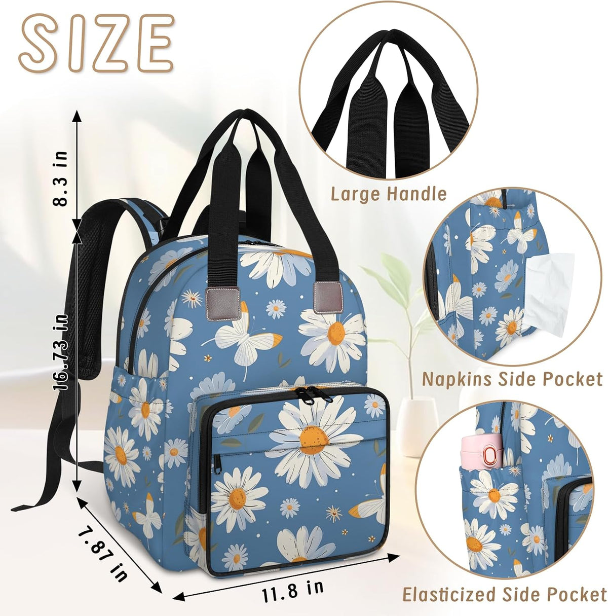 Butterfly Daisy Diaper Bag Backpack for Travel, Waterproof Diaper Bag with Insulated Bottle Pockets & USB Port, Large Capacity Baby Bag for Moms & Dads