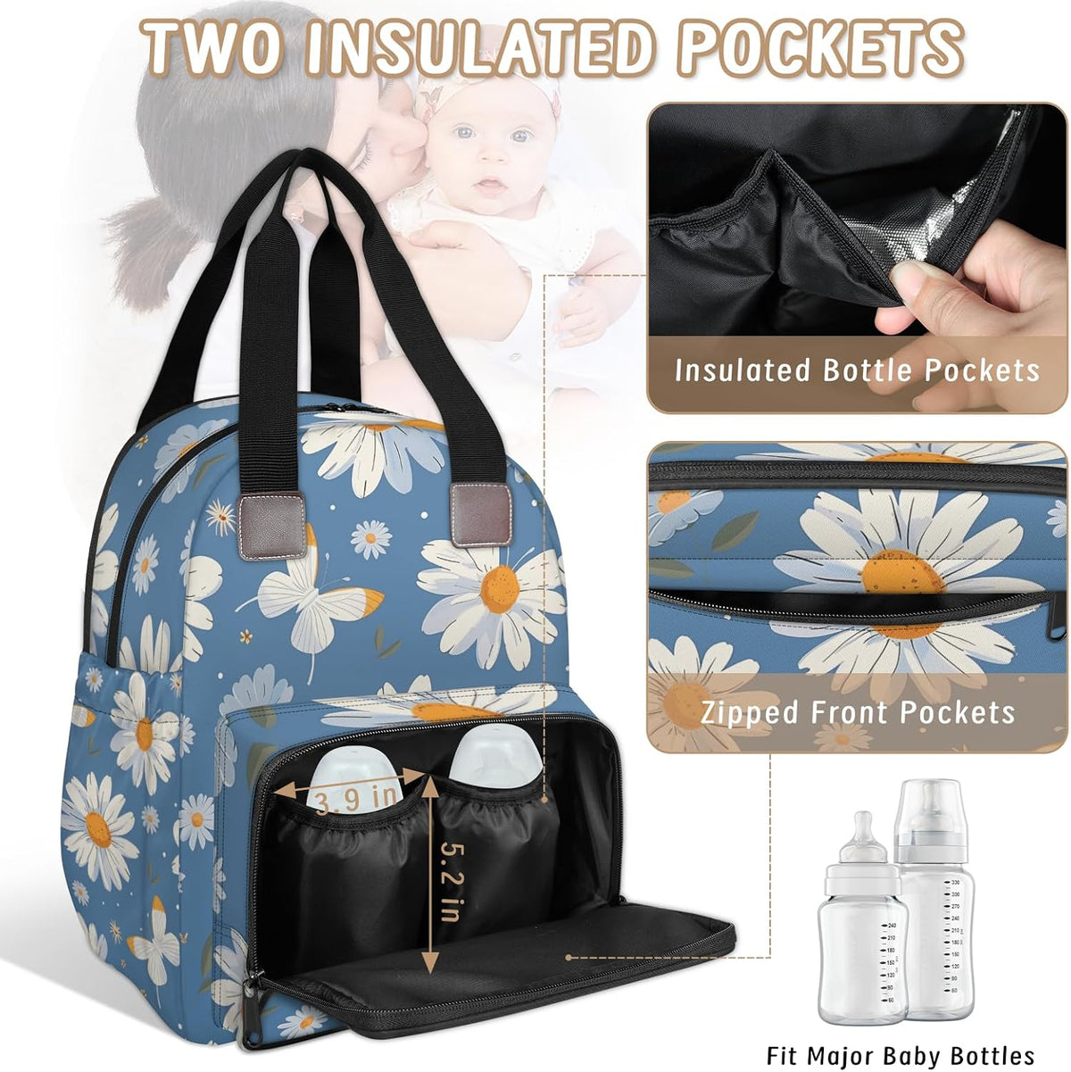 Butterfly Daisy Diaper Bag Backpack for Travel, Waterproof Diaper Bag with Insulated Bottle Pockets & USB Port, Large Capacity Baby Bag for Moms & Dads