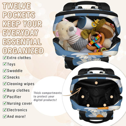 Butterfly Daisy Diaper Bag Backpack for Travel, Waterproof Diaper Bag with Insulated Bottle Pockets & USB Port, Large Capacity Baby Bag for Moms & Dads