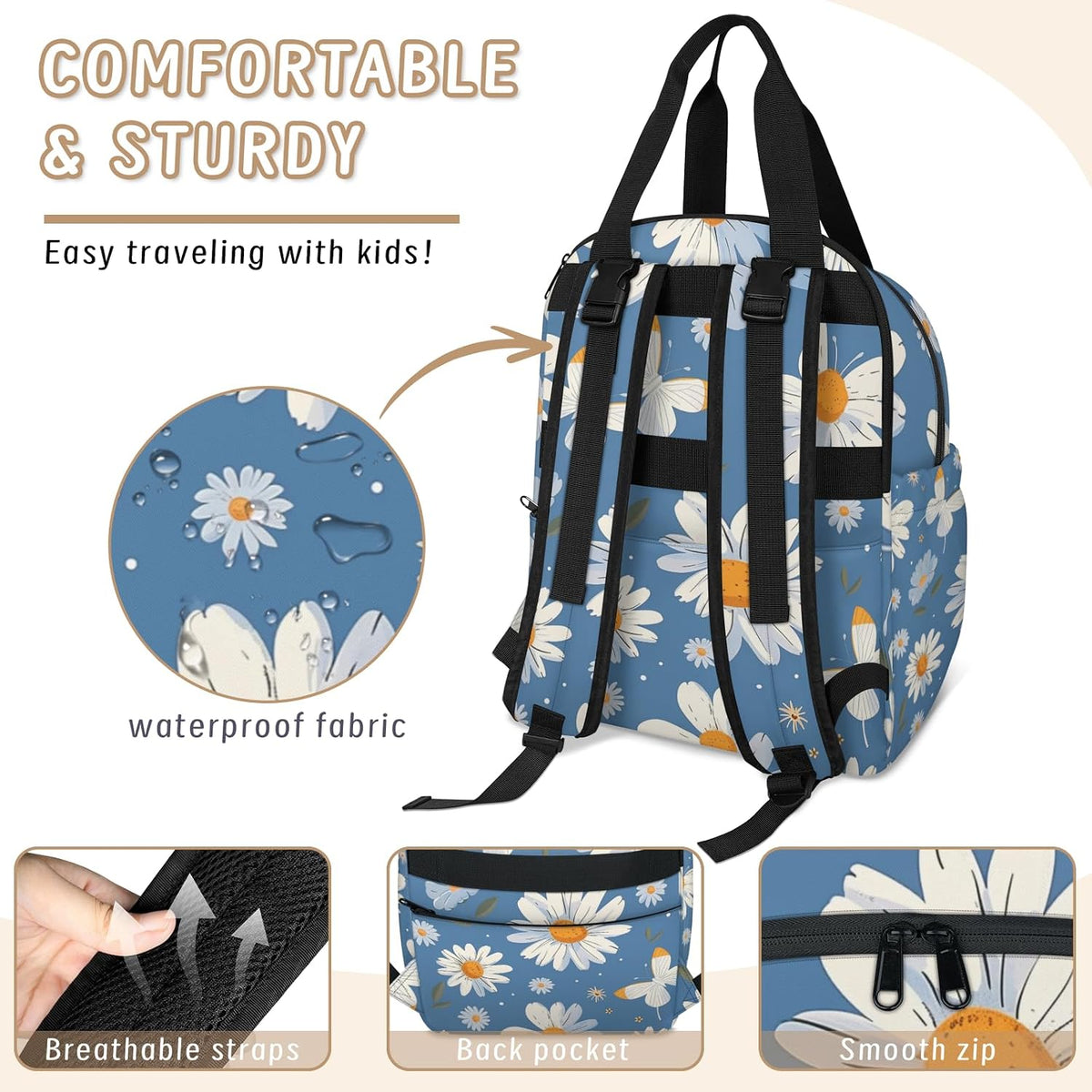 Butterfly Daisy Diaper Bag Backpack for Travel, Waterproof Diaper Bag with Insulated Bottle Pockets & USB Port, Large Capacity Baby Bag for Moms & Dads