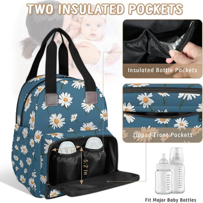 Butterfly Daisy Diaper Bag Backpack for Travel, Waterproof Diaper Bag with Insulated Bottle Pockets & USB Port, Large Capacity Baby Bag for Moms & Dads