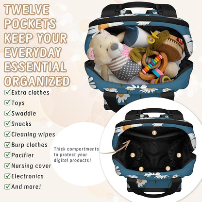 Butterfly Daisy Diaper Bag Backpack for Travel, Waterproof Diaper Bag with Insulated Bottle Pockets & USB Port, Large Capacity Baby Bag for Moms & Dads