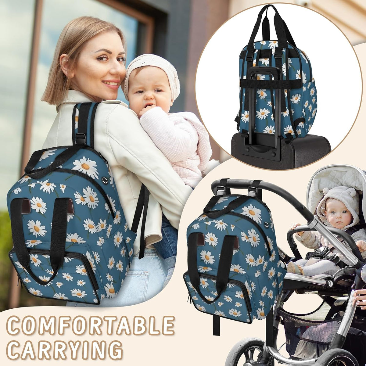 Butterfly Daisy Diaper Bag Backpack for Travel, Waterproof Diaper Bag with Insulated Bottle Pockets & USB Port, Large Capacity Baby Bag for Moms & Dads