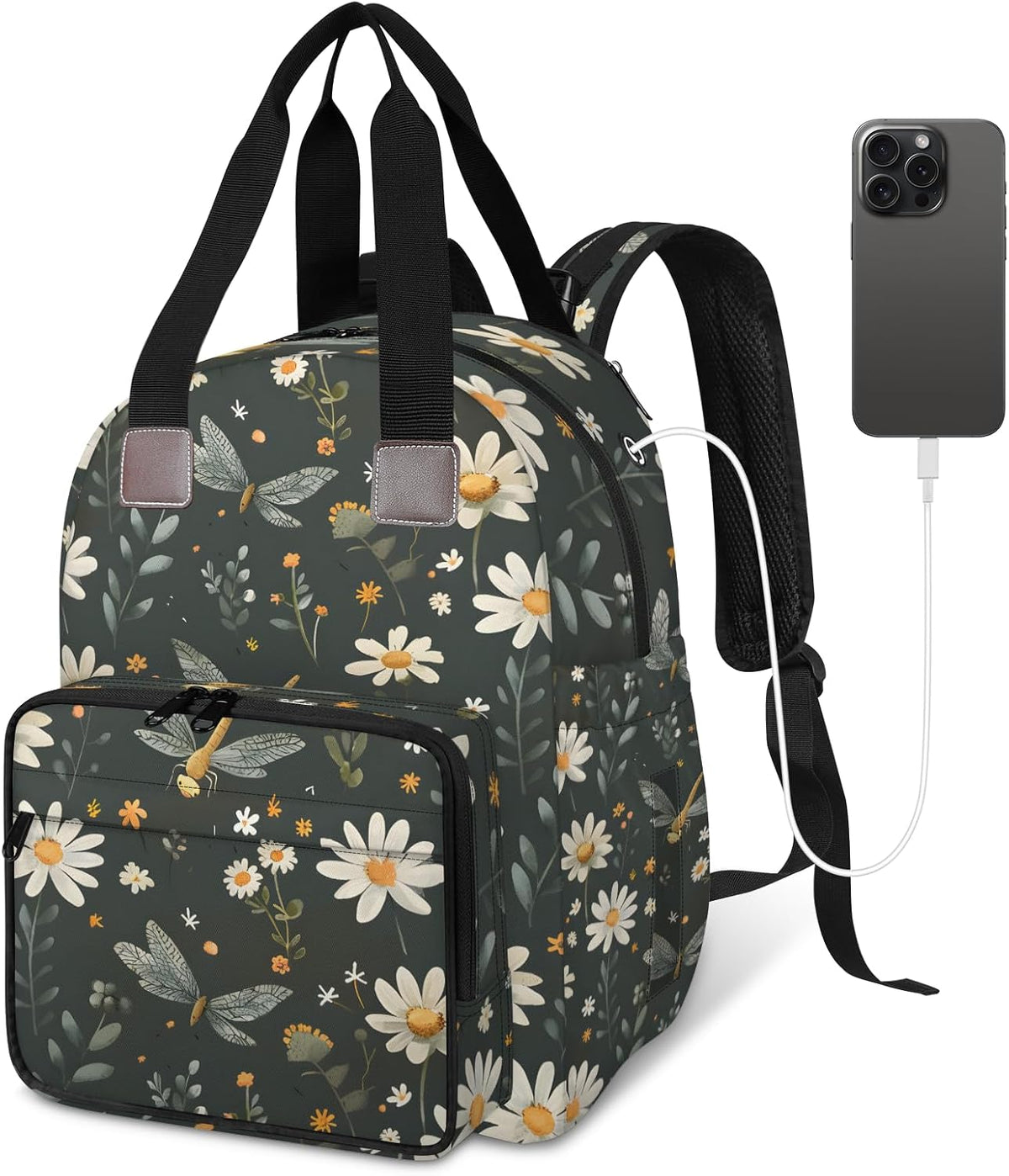 Butterfly Daisy Diaper Bag Backpack for Travel, Waterproof Diaper Bag with Insulated Bottle Pockets & USB Port, Large Capacity Baby Bag for Moms & Dads