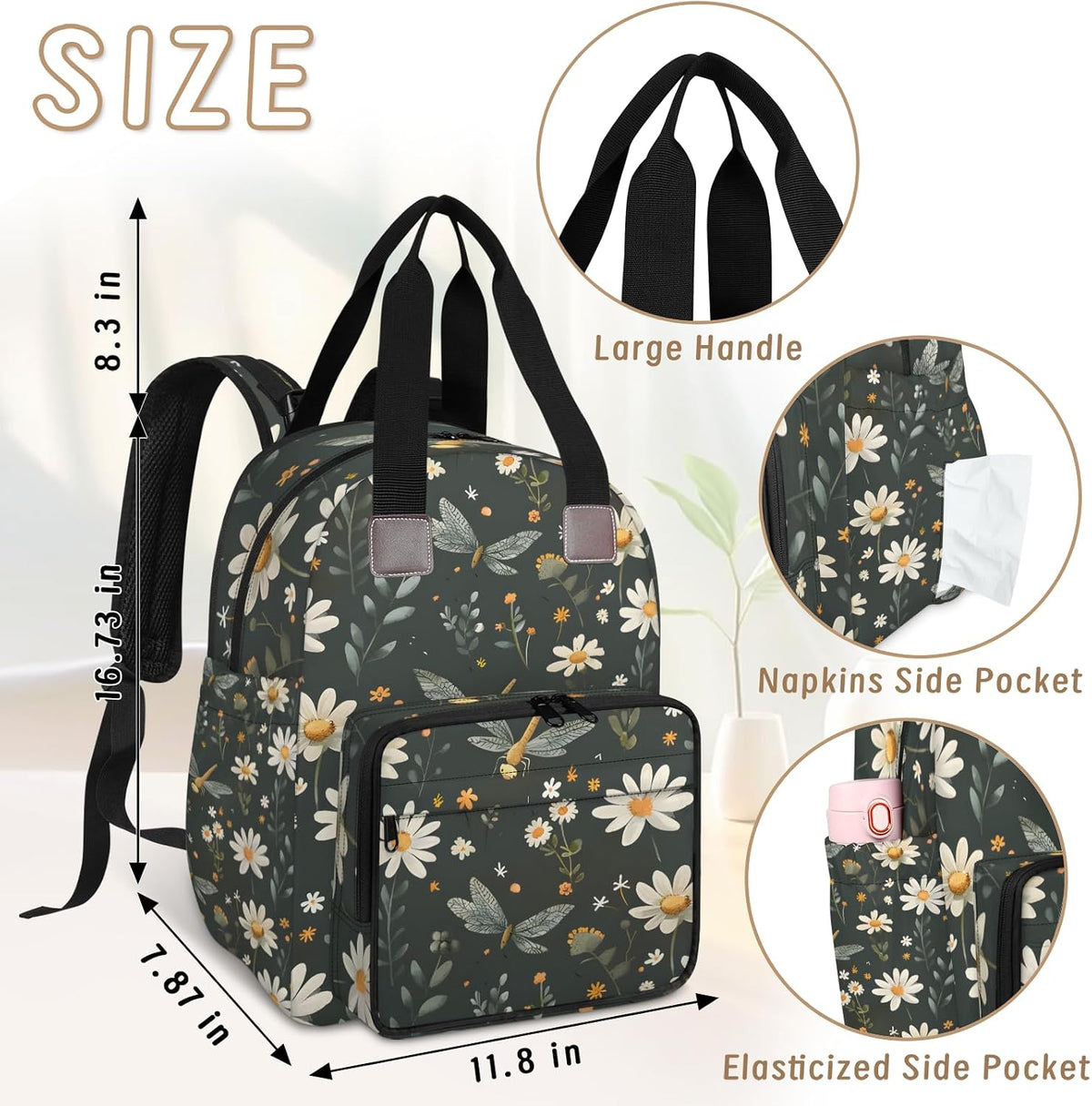 Butterfly Daisy Diaper Bag Backpack for Travel, Waterproof Diaper Bag with Insulated Bottle Pockets & USB Port, Large Capacity Baby Bag for Moms & Dads