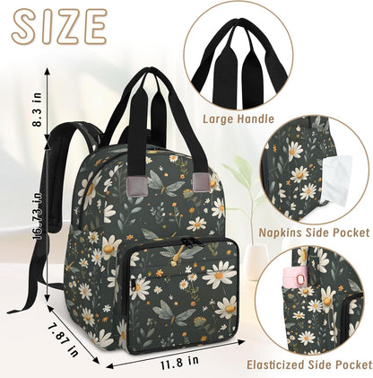 Butterfly Daisy Diaper Bag Backpack for Travel, Waterproof Diaper Bag with Insulated Bottle Pockets & USB Port, Large Capacity Baby Bag for Moms & Dads