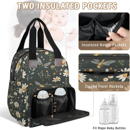 Butterfly Daisy Diaper Bag Backpack for Travel, Waterproof Diaper Bag with Insulated Bottle Pockets & USB Port, Large Capacity Baby Bag for Moms & Dads