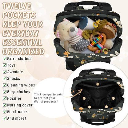 Butterfly Daisy Diaper Bag Backpack for Travel, Waterproof Diaper Bag with Insulated Bottle Pockets & USB Port, Large Capacity Baby Bag for Moms & Dads
