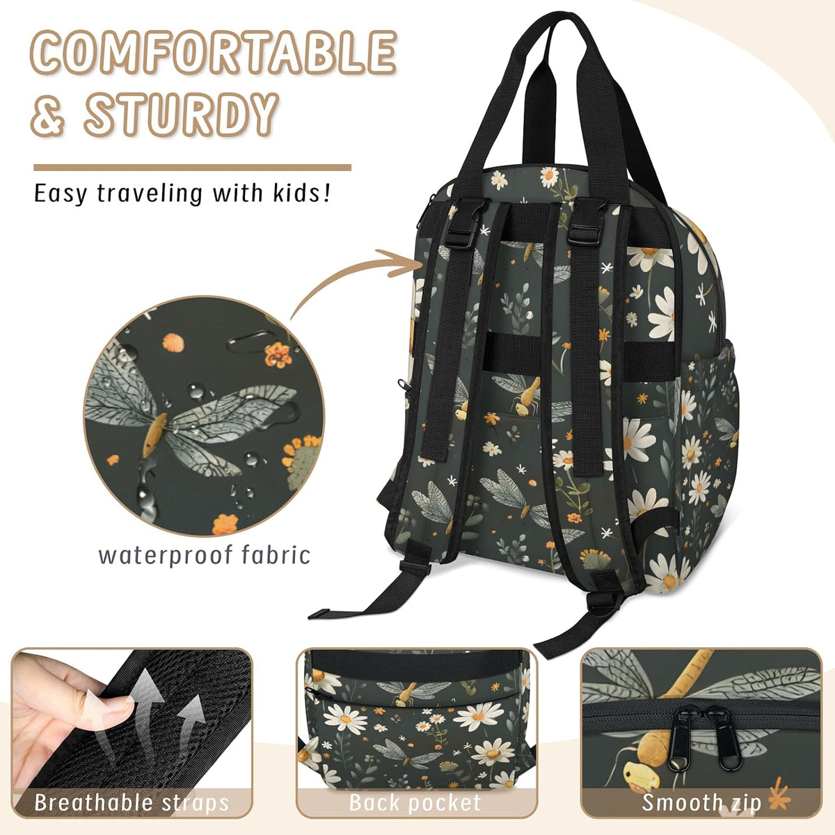 Butterfly Daisy Diaper Bag Backpack for Travel, Waterproof Diaper Bag with Insulated Bottle Pockets & USB Port, Large Capacity Baby Bag for Moms & Dads